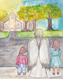 Guardian Angel Escorting Children to Church Watercolor Art Print-Modern Catholic Art-Contemporary Original Art-Catholic Home Decor