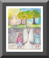 Guardian Angel Escorting Children to Church Watercolor Art Print-Modern Catholic Art-Contemporary Original Art-Catholic Home Decor